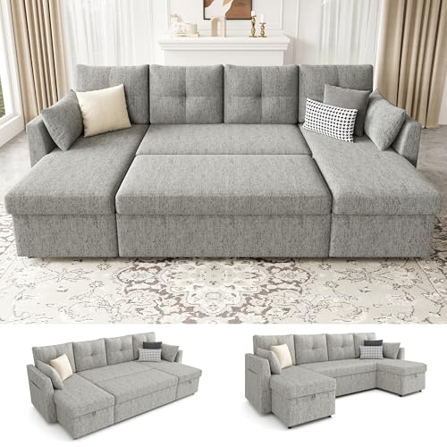 Oversized 110 inch 2 in 1 Pullout Sleeper Sofa Couch with Double Storage Chaise, Dark Grey V397313