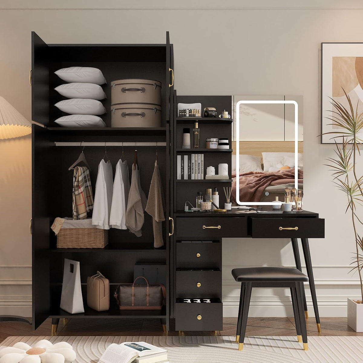 Black Makeup Vanity Table and Armoire Wardrobe Set with LED Mirror and 5 Drawers R2875