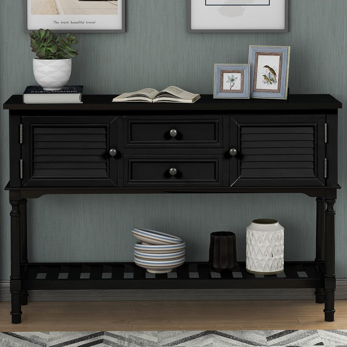 Solid Wood Console Table with 2 Storage Drawers and 1 Shelf, Black L705