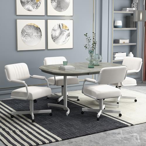 Set of Caster Swivel Tilt Dinning Chairs with Padded Armrest and Metal Frame V71899