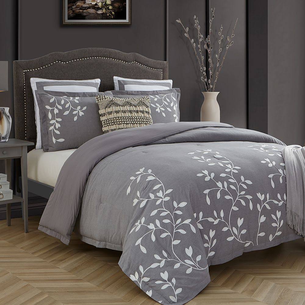 Queen Grey Chambray Cotton Comforter Set E524438
