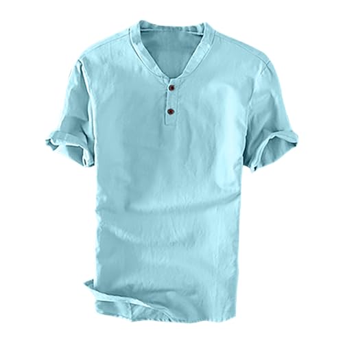 Cotton Linen Short Sleeve Henley Shirts V192