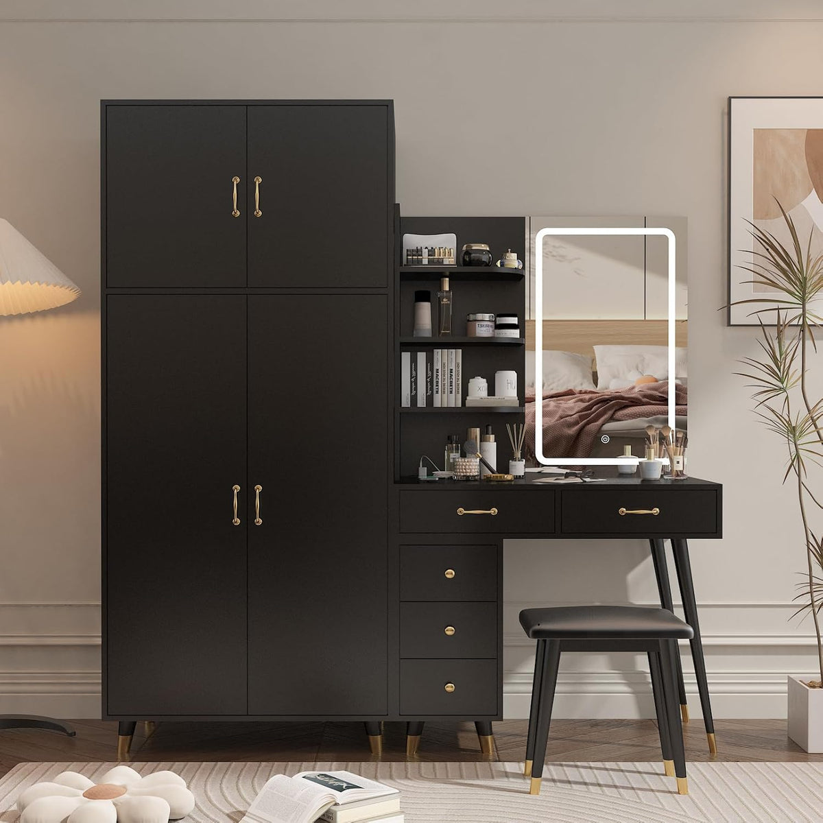 Black Makeup Vanity Table and Armoire Wardrobe Set with LED Mirror and 5 Drawers R2875