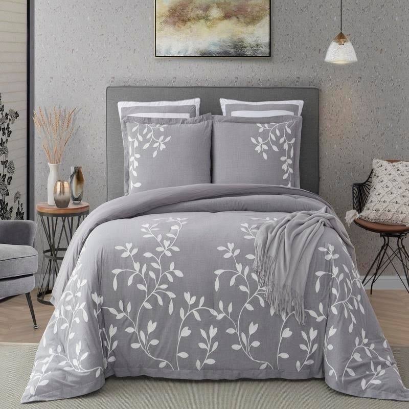 Queen Grey Chambray Cotton Comforter Set E524438