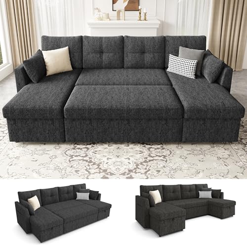 Oversized 110 inch 2 in 1 Pullout Sleeper Sofa Couch with Double Storage Chaise, Dark Grey V397313