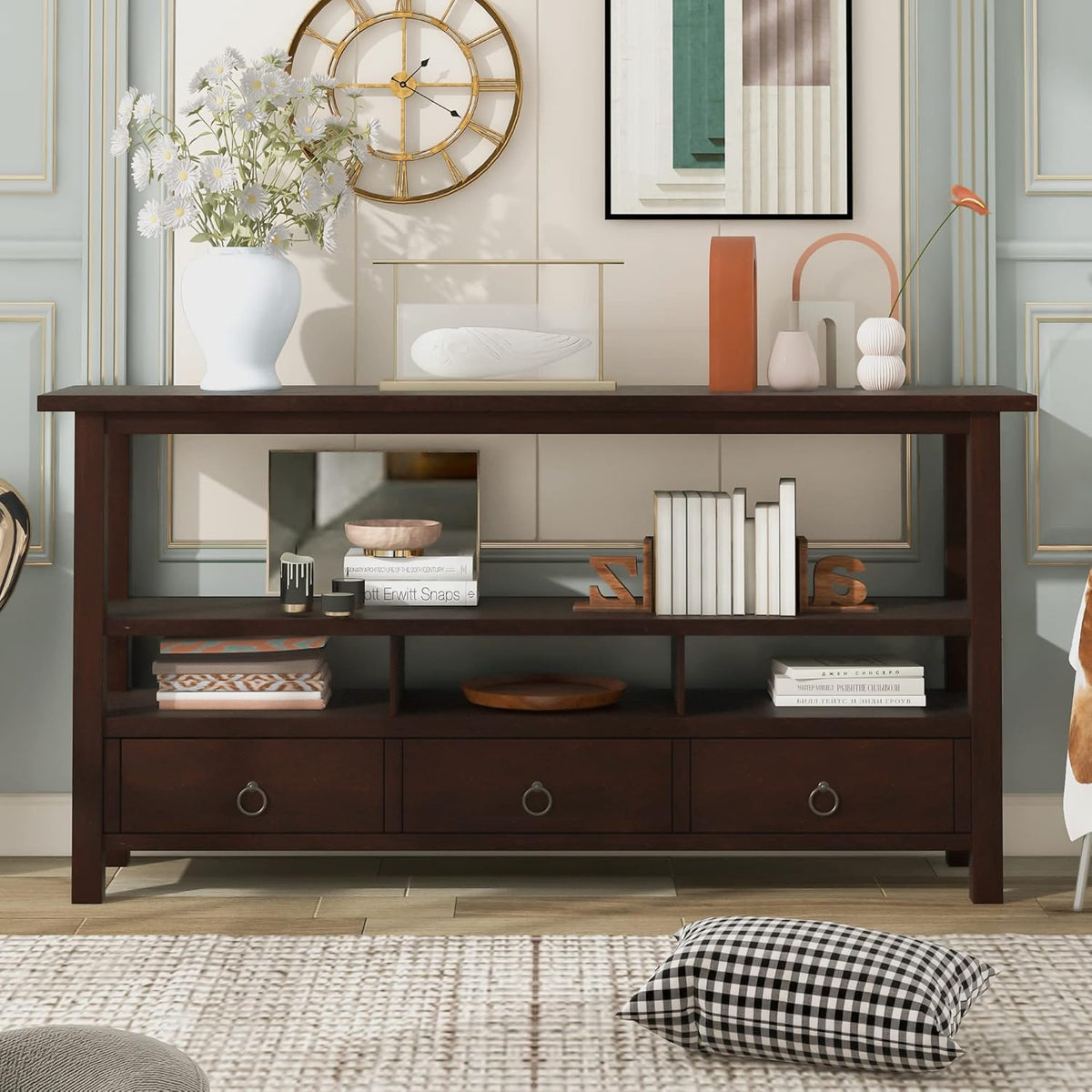 Solid Wood Console Table with 2 Storage Drawers and 1 Shelf, Black L705
