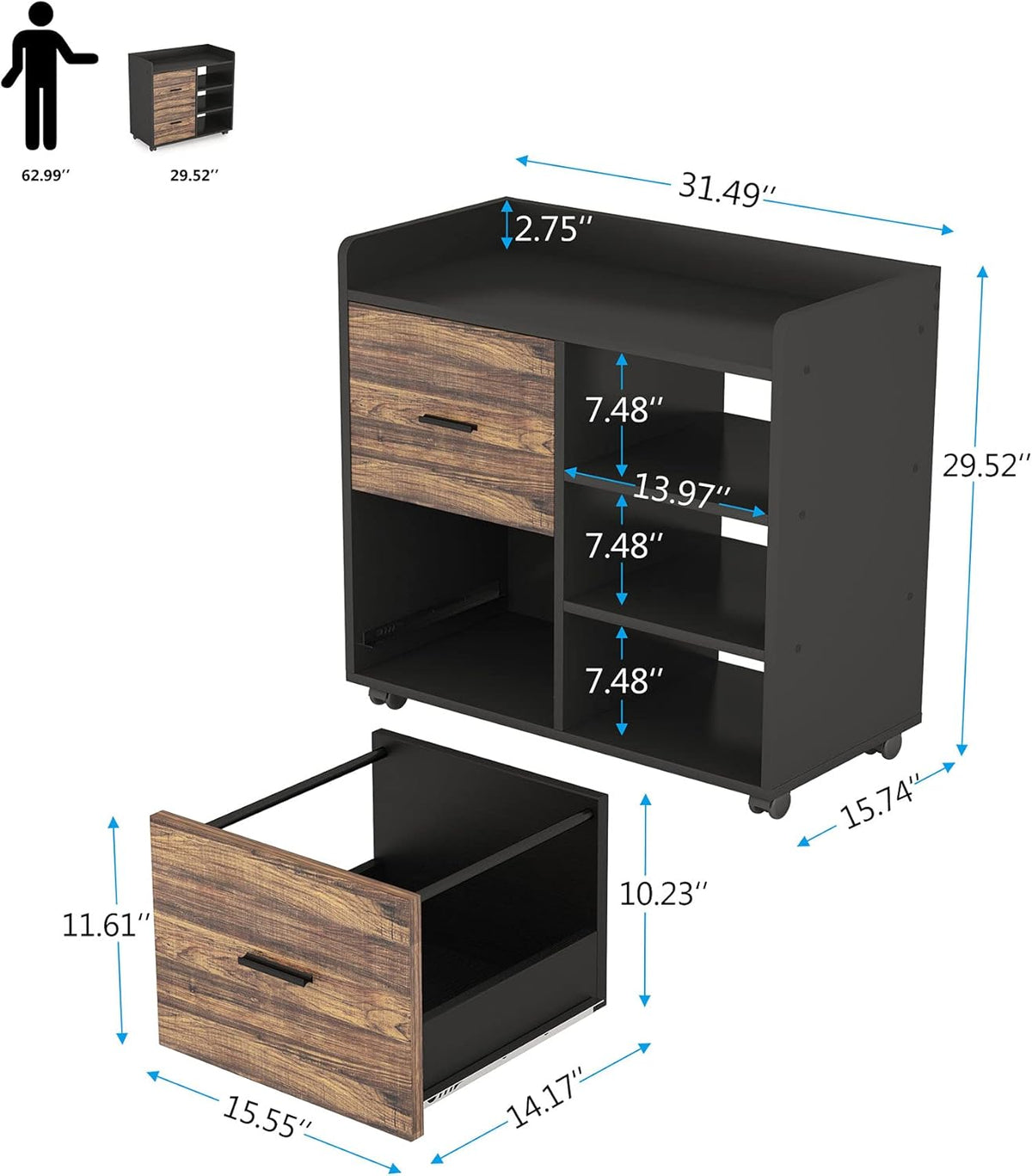 2-Drawer Mobile File Cabinet with 3 Open Shelves A56417