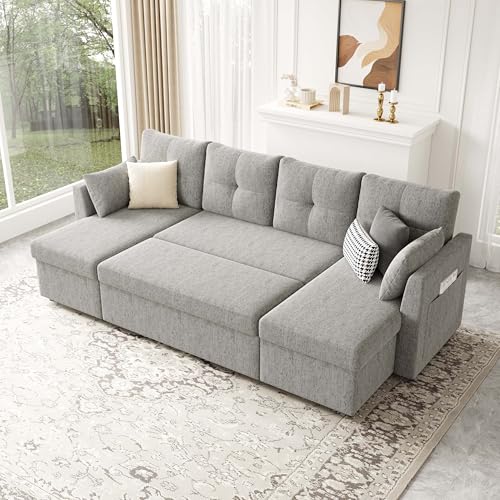 Oversized 110 inch 2 in 1 Pullout Sleeper Sofa Couch with Double Storage Chaise, Dark Grey V397313