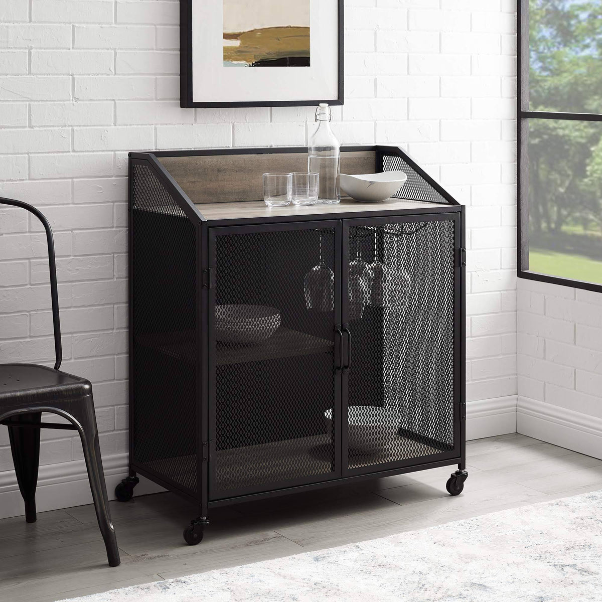33 inch Grey Wash Bar Cabinet with Metal Mesh F25571