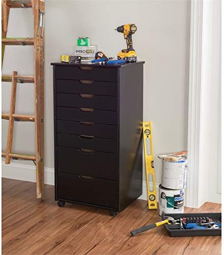 Black Eight Drawer Wood Rolling File Cabinet Storage Cart L889