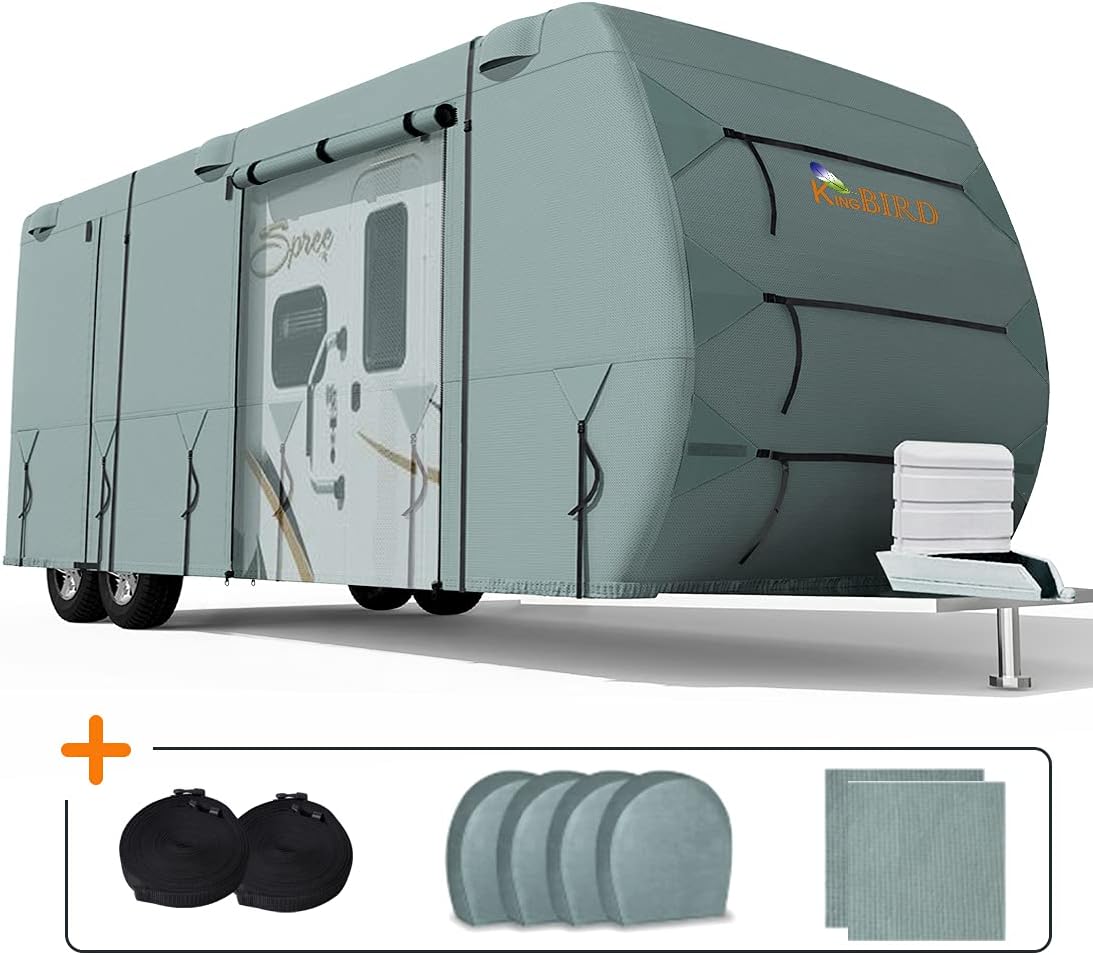 Extra-Thick 4 Layers Travel Trailer RV Cover with 2Pcs Extra Straps & 4 Tire Covers C540752