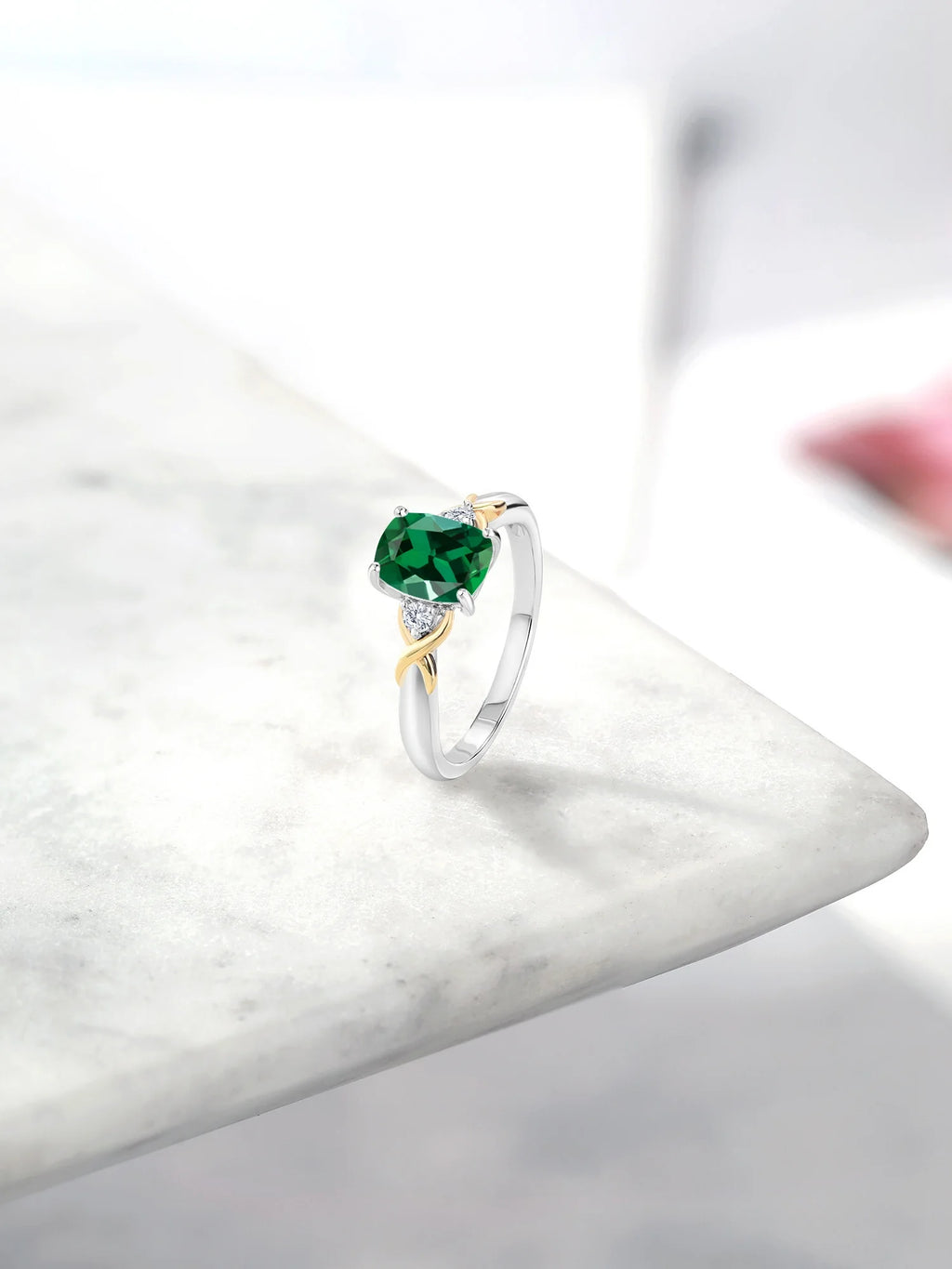 2 Tone 10K Yellow Gold and 925 Sterling Silver Green Created Emerald and White Lab Grown Diamond Engagement Ring X4297