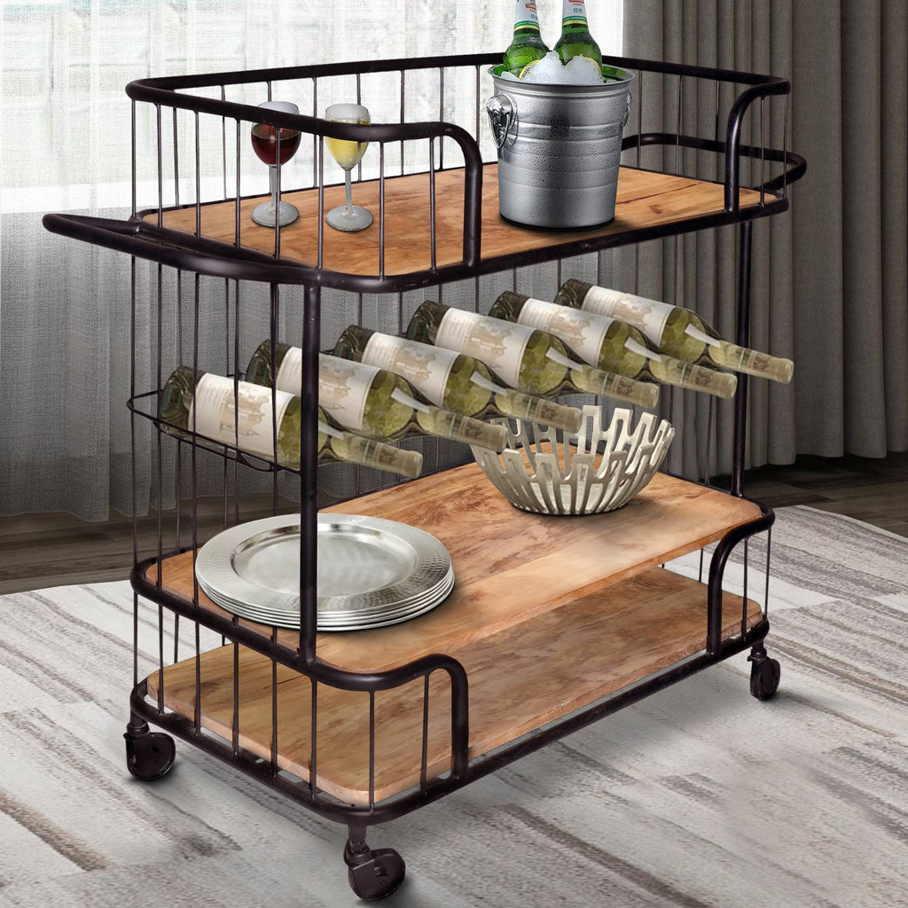 Black and Brown Metal Frame Bar Cart with Wooden Top and 2 Shelves A753672