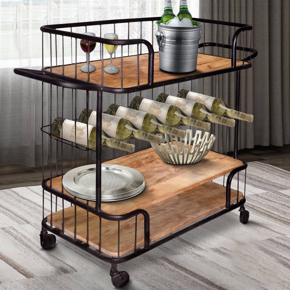 Black and Brown Metal Frame Bar Cart with Wooden Top and 2 Shelves A753672