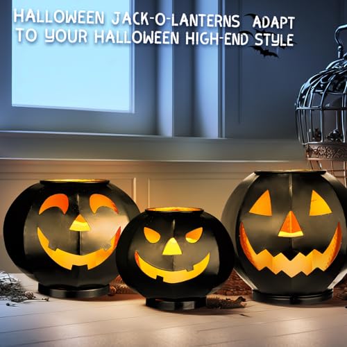 3 Tiers Black Metal Jack O Lanterns Light up Pumpkins with LED Candles P464450