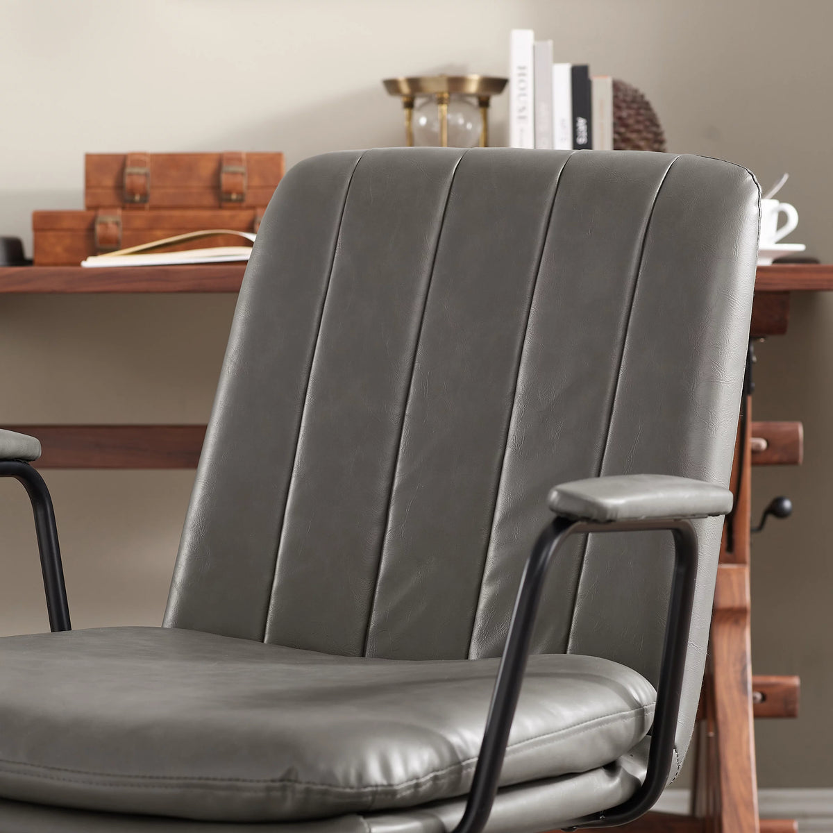 Gray Faux Leather Swivel Accent Chair with Oak Wood Legs S87634
