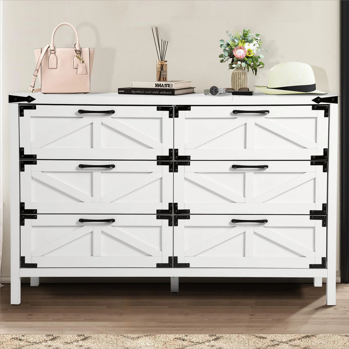 White 6 Drawer Dresser with Golden Handle I482
