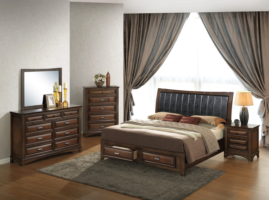 Wood Queen Size Bedroom Set with Storage Bed Dresser Mirror Nightstand Chest N119843