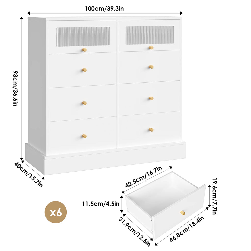 White 8 Drawer Wood Dresser with 2 Glass Doors U582