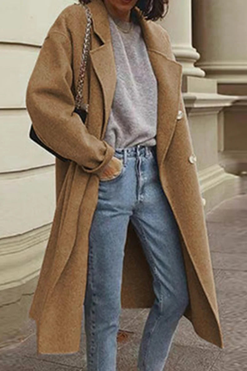Solid Buckle Turndown Collar Outerwear O889069