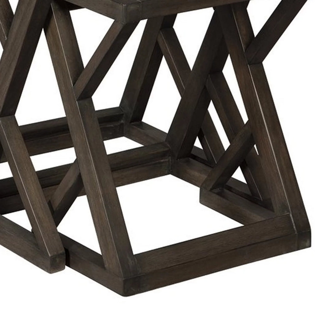 Wooden Nesting Accent Table with Geometric Design Base, Set of 3, Brown Z962793