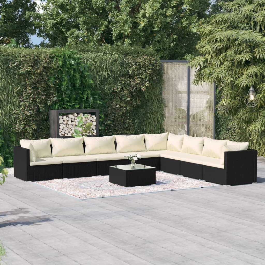 9 Piece Patio Set with Cushions Poly Rattan Black W50600