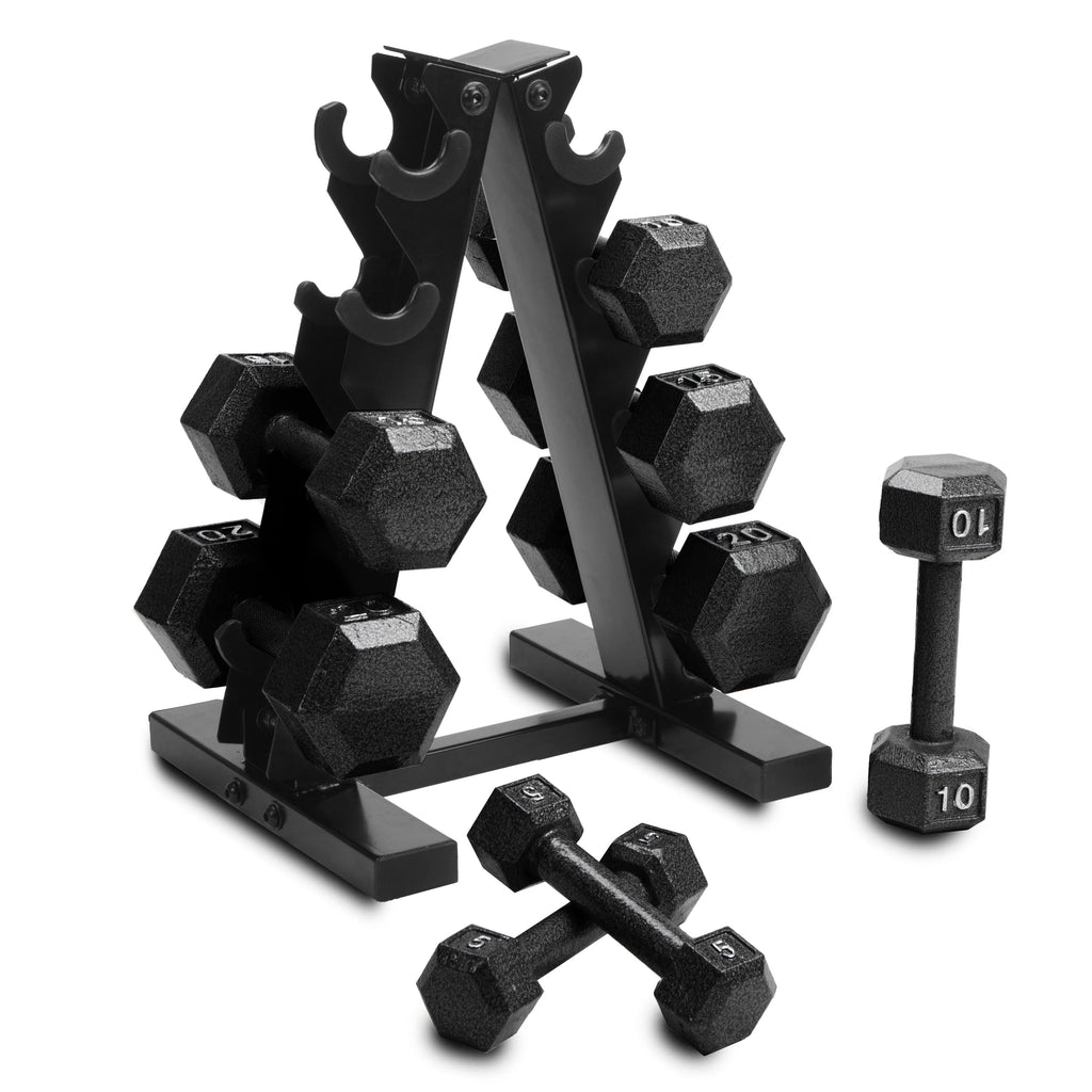 100 lb Cast Iron Hex Dumbbell Weight Set with Rack P574002