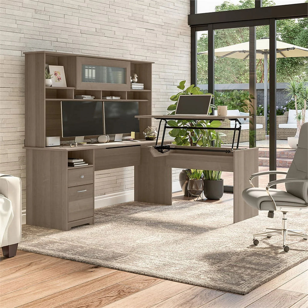 72W Sit to Stand L Desk with Hutch in Ash Gray Engineered Wood V61130