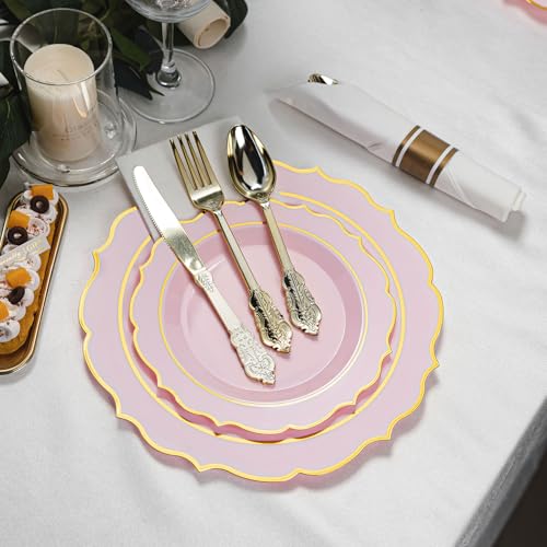 White Plastic Plates and Gold Dinnerware Set for 50 Guests L189