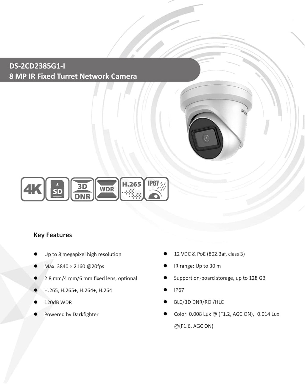 4K 8MP Turret Dome IP Camera 2.8mm PoE IP67 H.265+ I5460