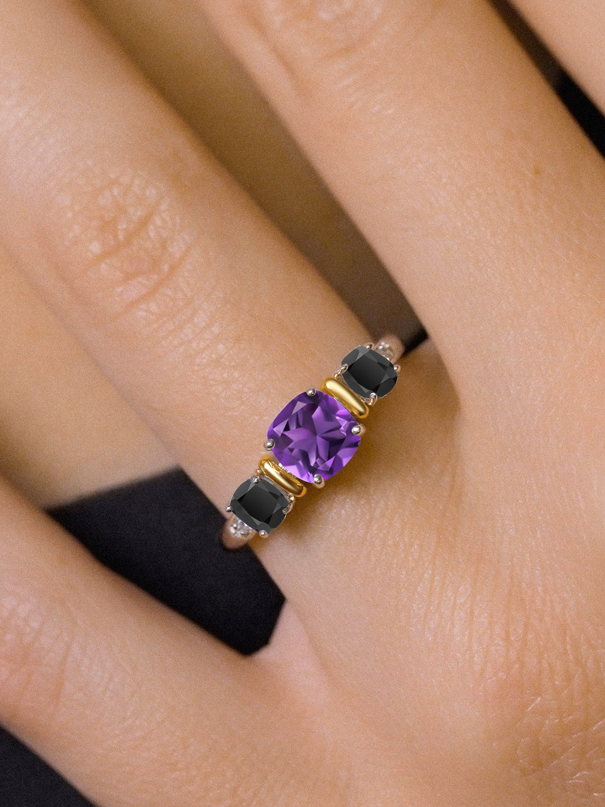 925 Sterling Silver 10K Yellow Gold Purple Amethyst Black Onyx 3 Stone Engagement Ring F612
