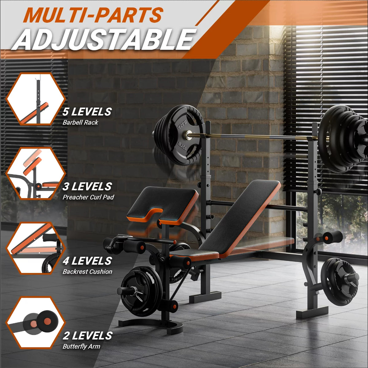 Adjustable Weight Bench with Barbell Rack and Leg Developer L3749