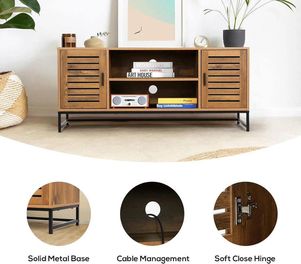 Mid-Century TV Console up to 55 Inch with Slatted Wood Doors N9401