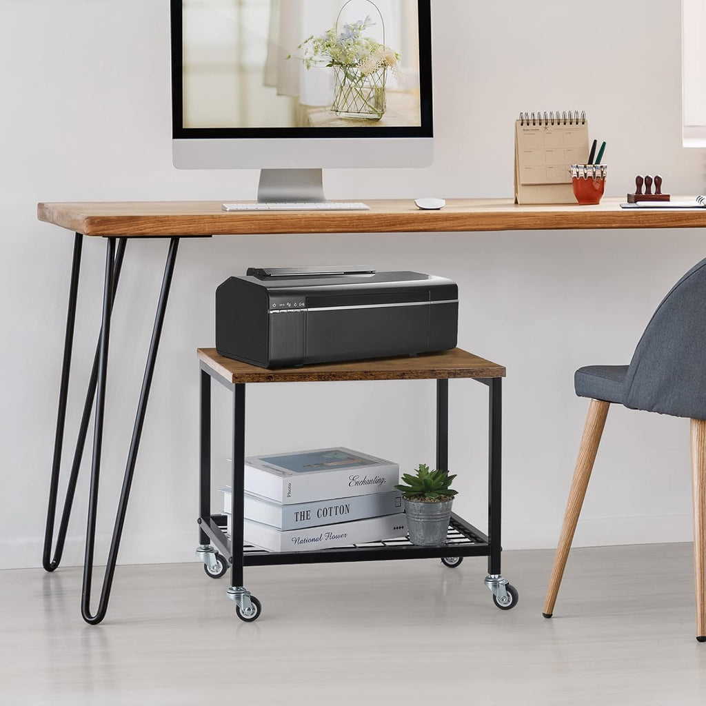 Rustic Brown and Black 2 Tier Printer Stand with Lockable Casters J2291