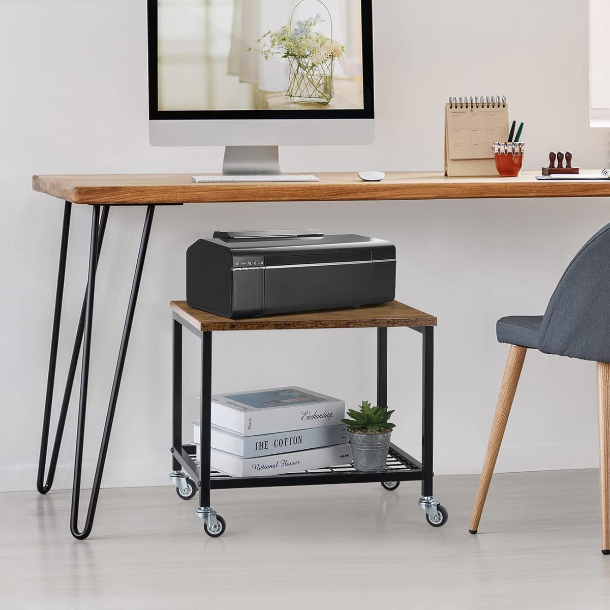 Rustic Brown and Black 2 Tier Printer Stand with Lockable Casters J2291