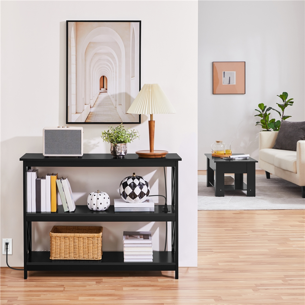 Black 3-Tier Wooden Console Table with Power Outlet F957