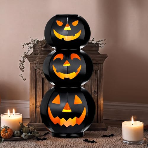 3 Tiers Black Metal Jack O Lanterns Light up Pumpkins with LED Candles P464450
