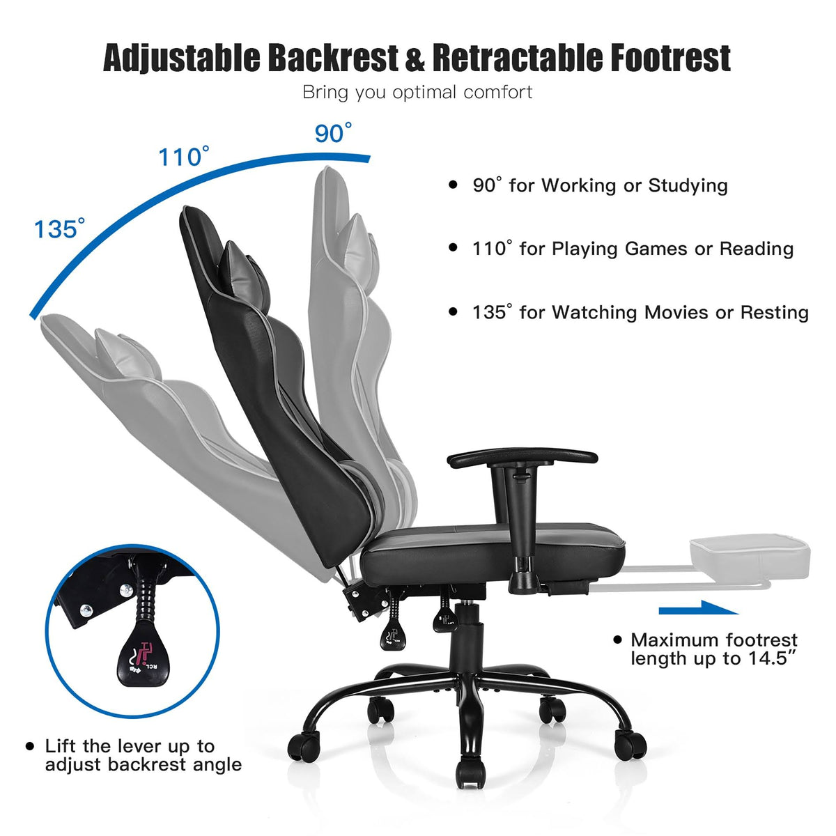 Black Gaming High Back Office Chair with Footrest H208669