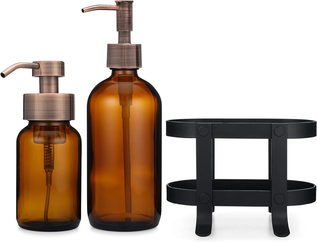 Amber Glass Soap Dispenser Set With Caddy Stand V9924