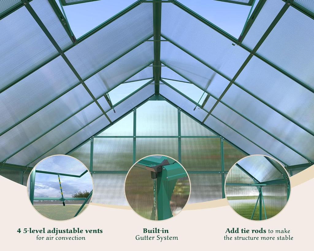 12x10x10 ft Polycarbonate Greenhouse with 2 Sliding Doors 4 Vents L821512