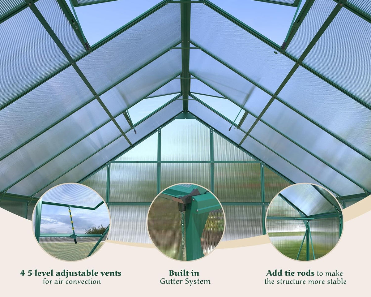 12x10x10 ft Polycarbonate Greenhouse with 2 Sliding Doors 4 Vents L821512