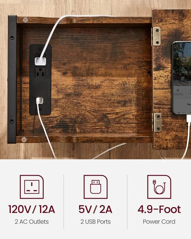 End Table with Charging Station and USB Ports Rustic Brown Black Y344