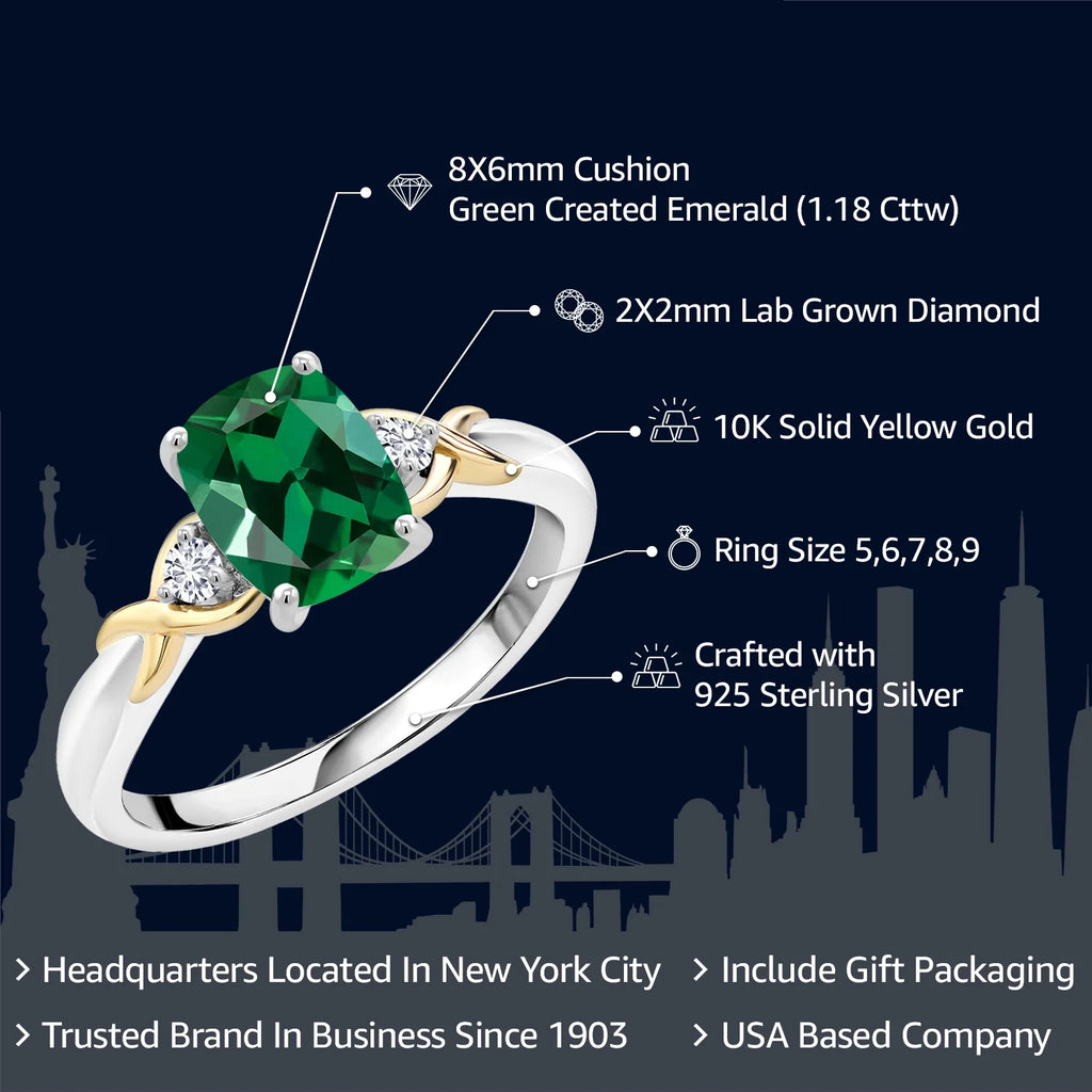 2 Tone 10K Yellow Gold and 925 Sterling Silver Green Created Emerald and White Lab Grown Diamond Engagement Ring X4297