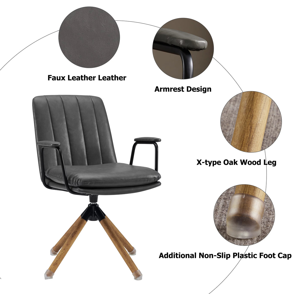 Gray Faux Leather Swivel Accent Chair with Oak Wood Legs S87634