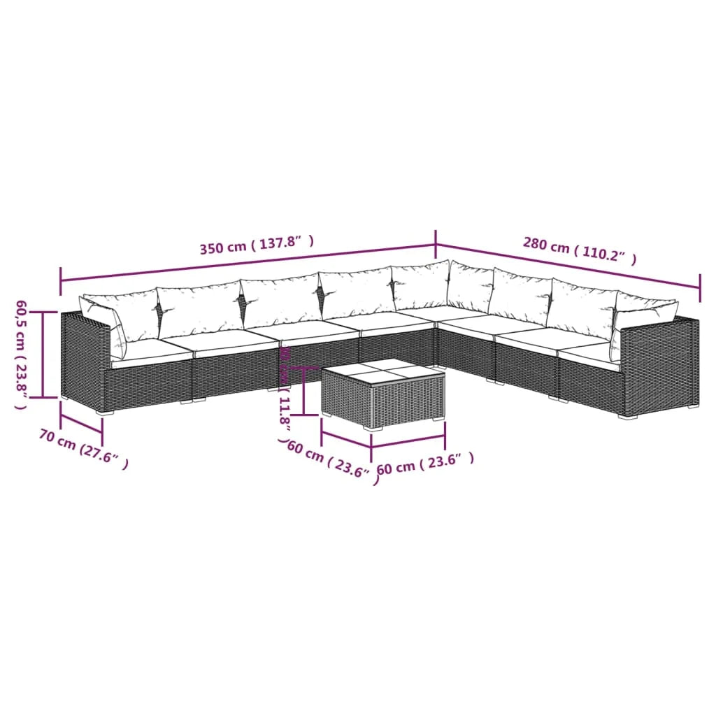 9 Piece Patio Set with Cushions Poly Rattan Black W50600