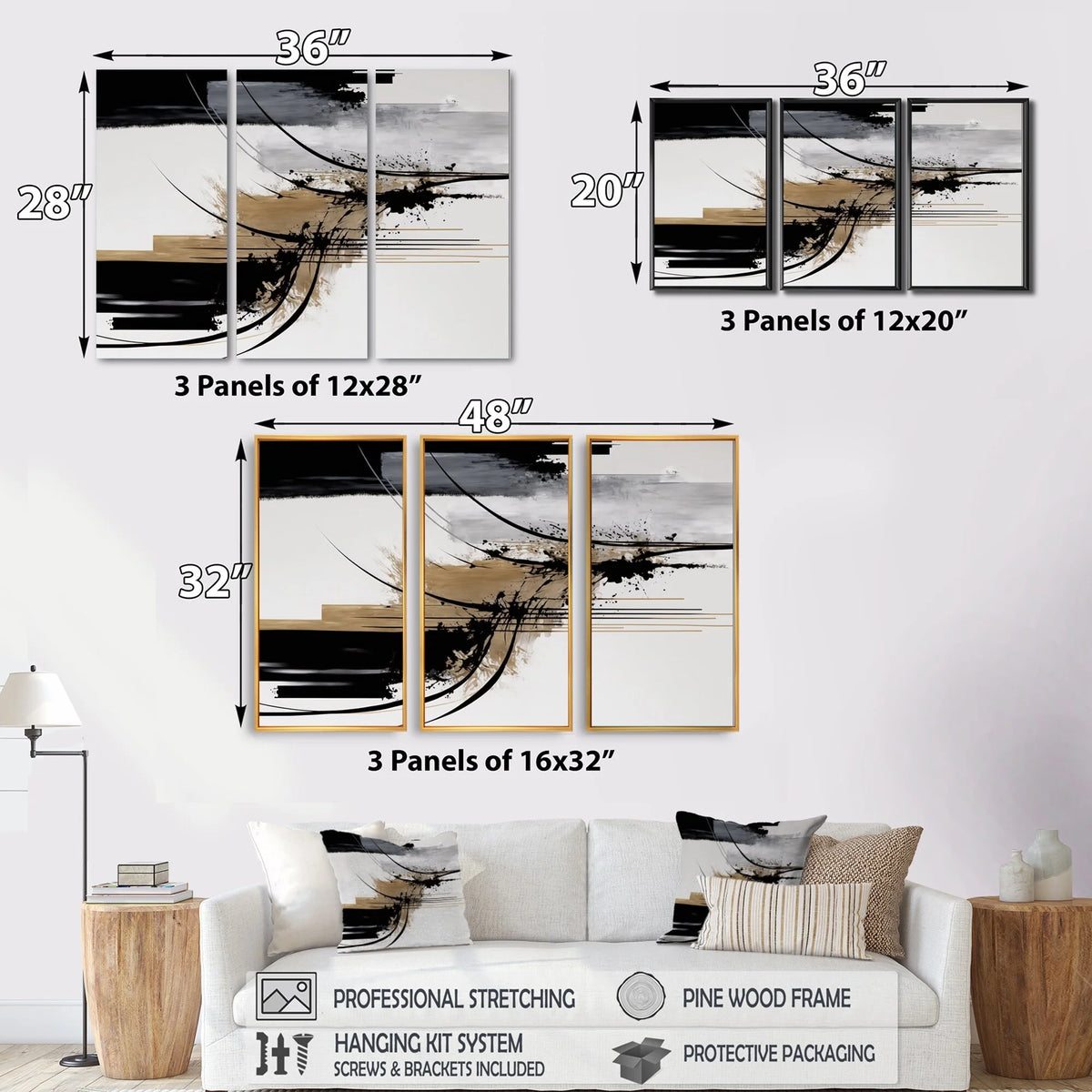 Black White Gold Geometric Canvas Art Print 3 Panels D972299