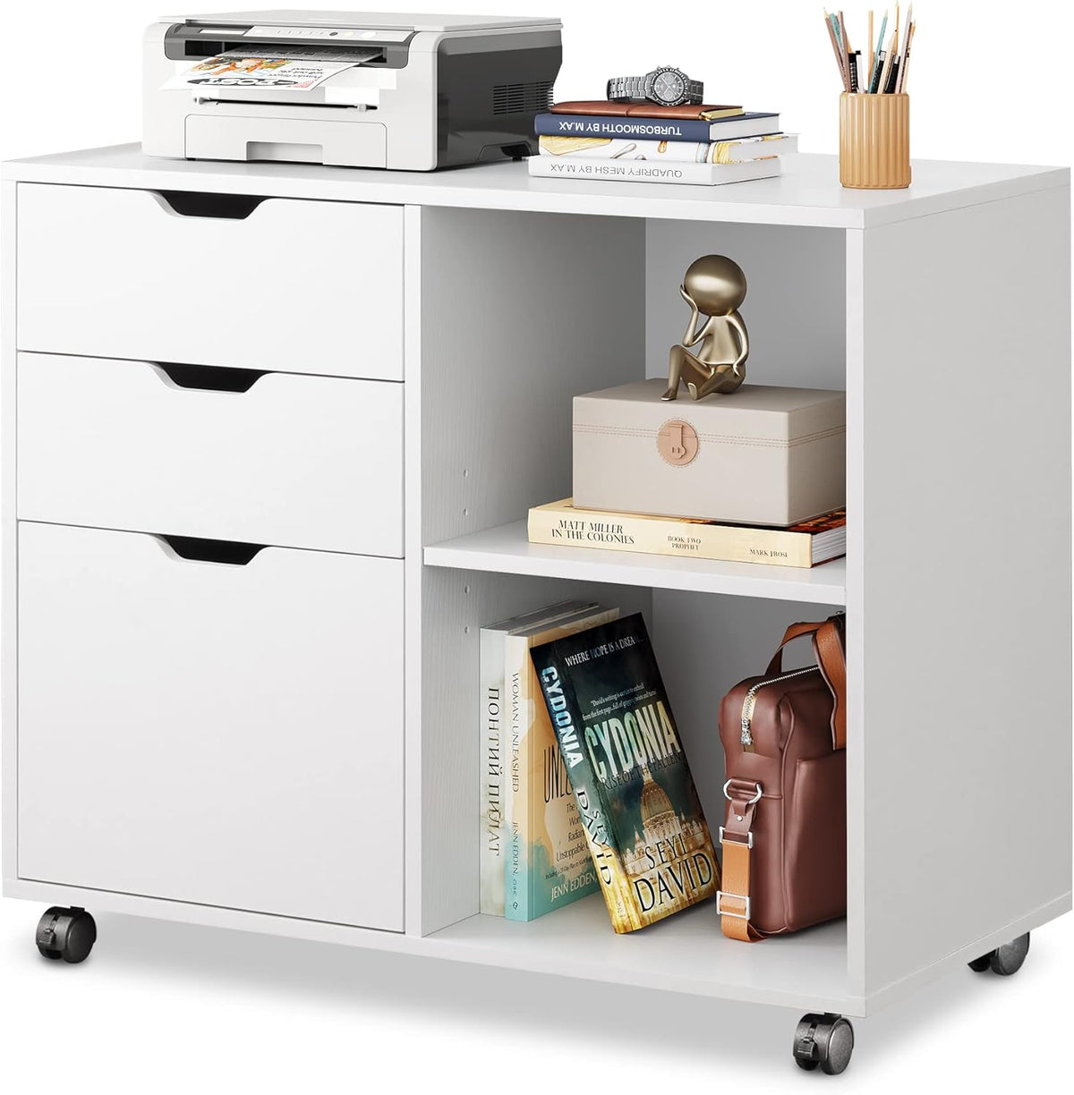White 3-Drawer Mobile Wood File Cabinet with Open Storage Shelves V112