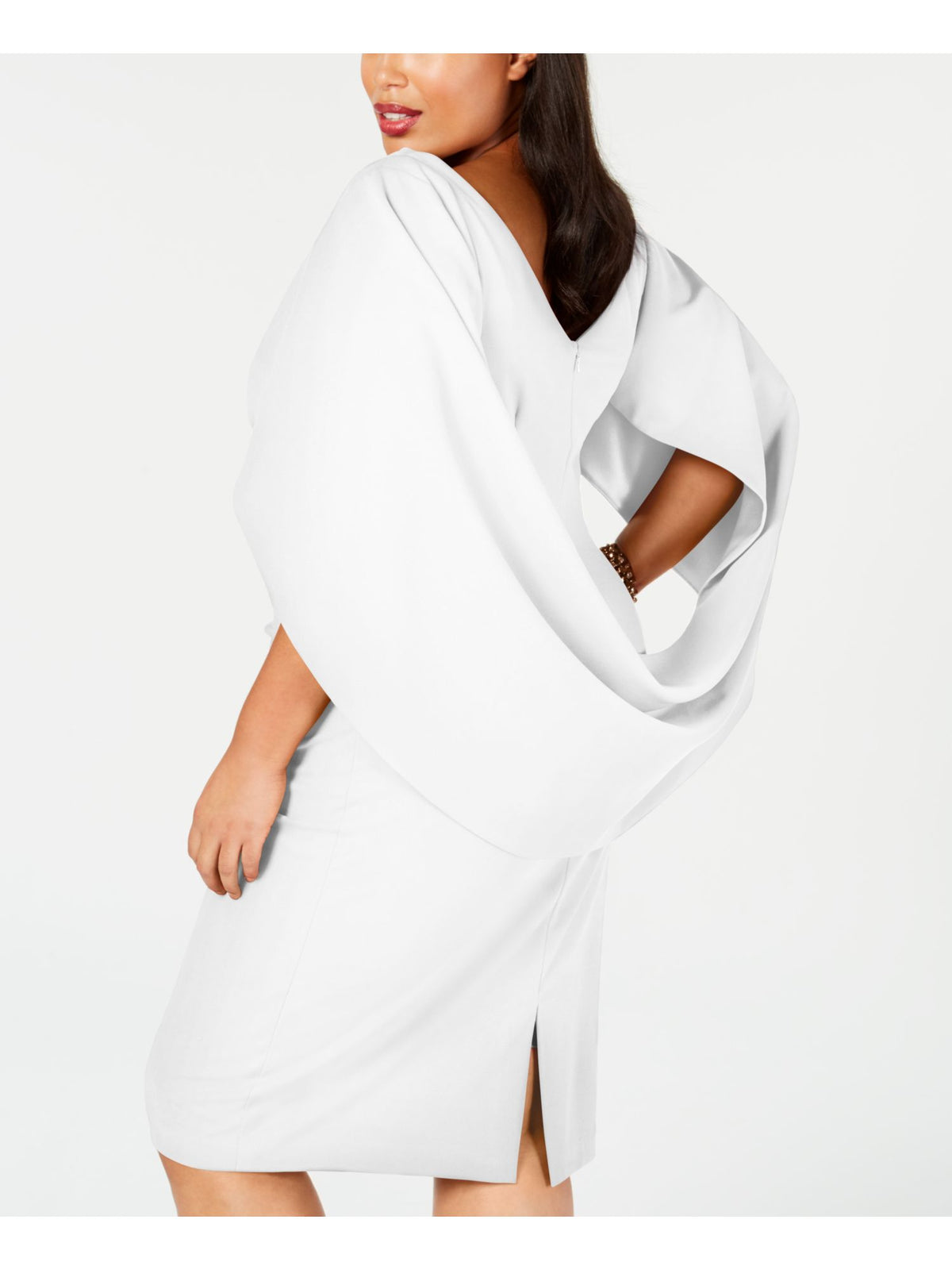 White Zippered Ruched Cape Sleeves V-back Round Neck Above The Knee Party Sheath Dress Plus 14W N680