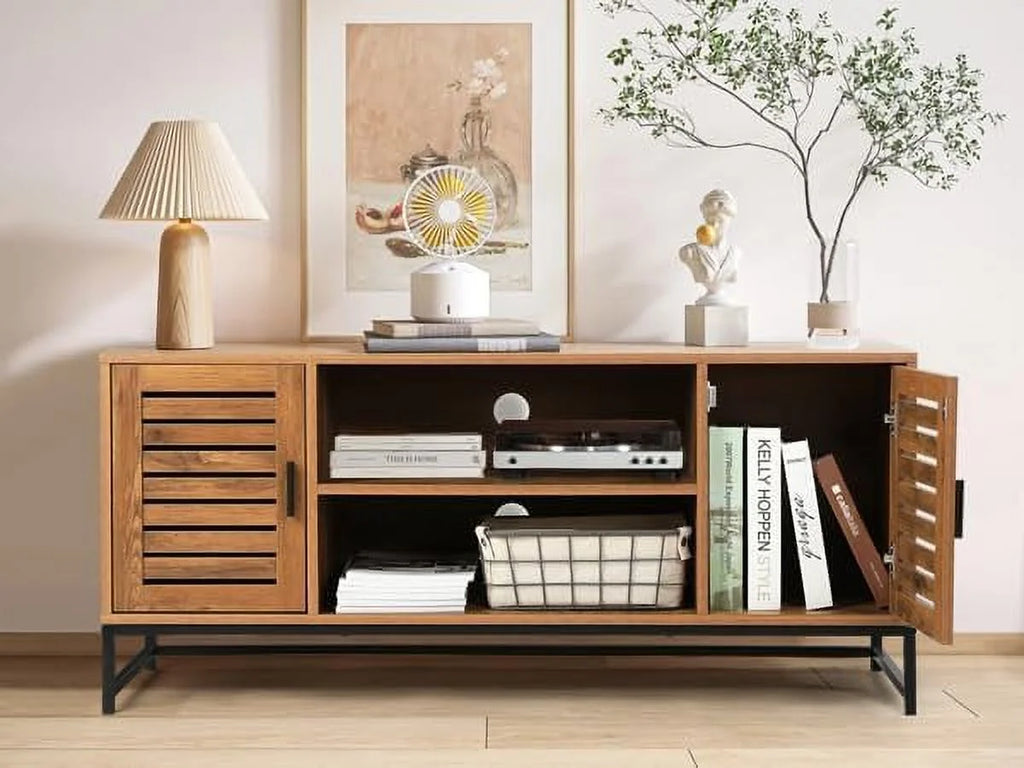 Mid-Century TV Console up to 55 Inch with Slatted Wood Doors N9401