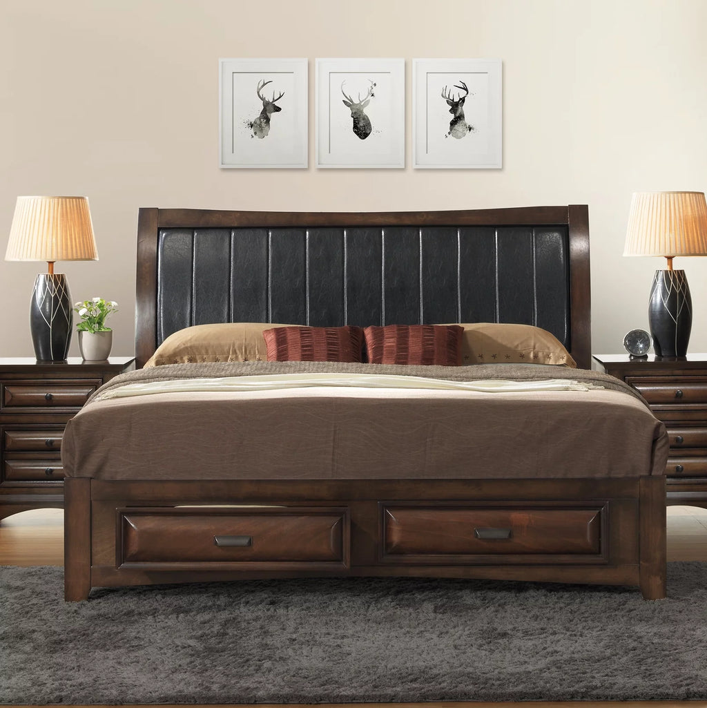 Wood Queen Size Bedroom Set with Storage Bed Dresser Mirror Nightstand Chest N119843